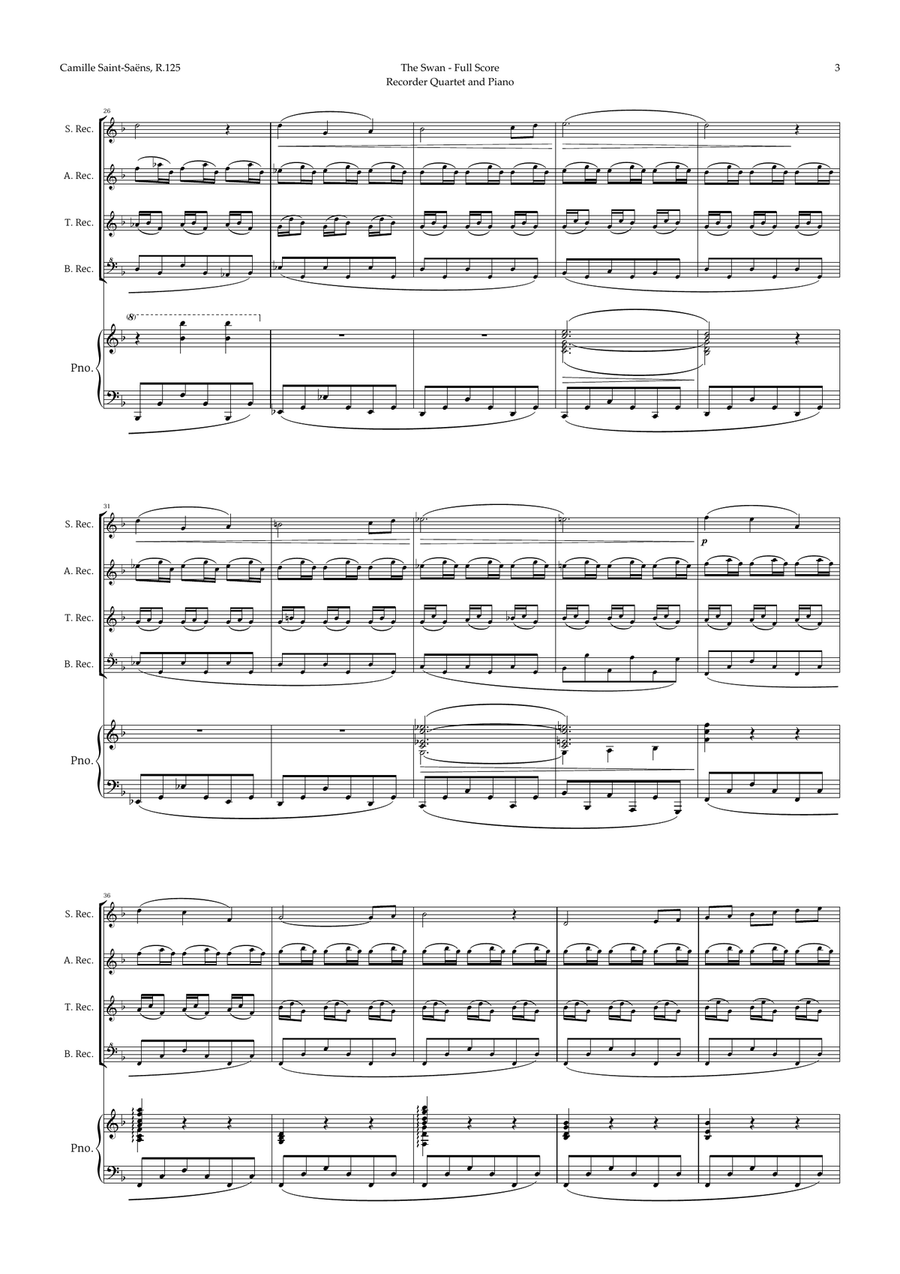 The Swan by Saint-Saëns for Recorder Quartet and Piano Recorder scores gallery preview page 3