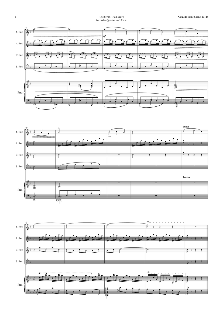 The Swan by Saint-Saëns for Recorder Quartet and Piano Recorder scores gallery preview page 4