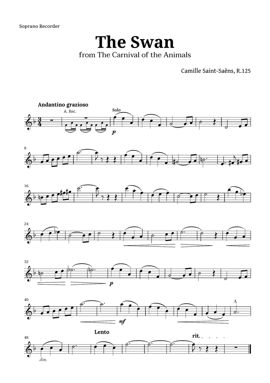 The Swan by Saint-Saëns for Recorder Quartet and Piano Recorder scores gallery preview page 5