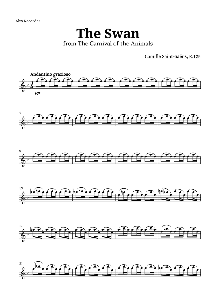 The Swan by Saint-Saëns for Recorder Quartet and Piano Recorder scores gallery preview page 6