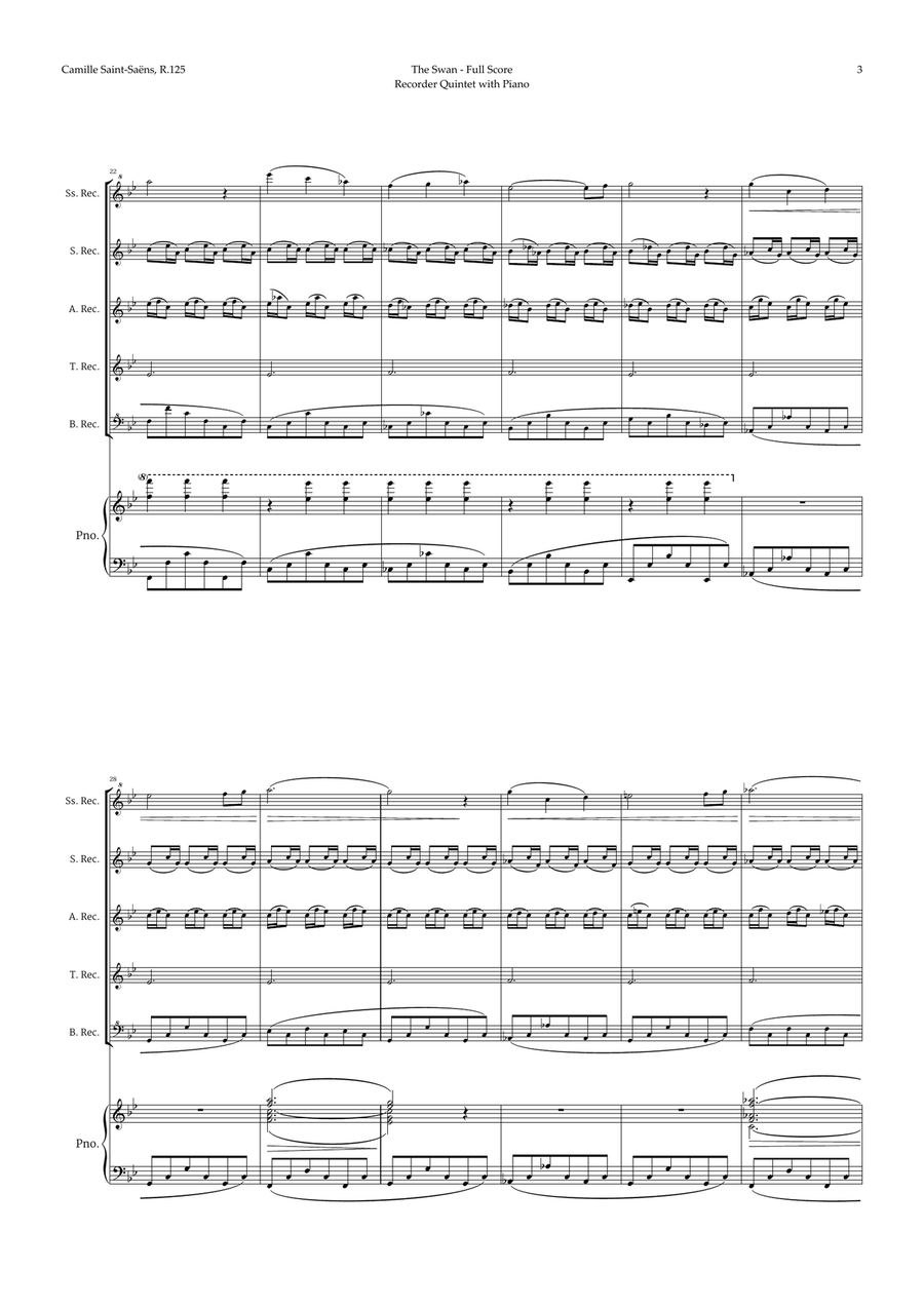 The Swan by Saint-Saëns for Recorder Quintet and Piano Recorder scores gallery preview page 3