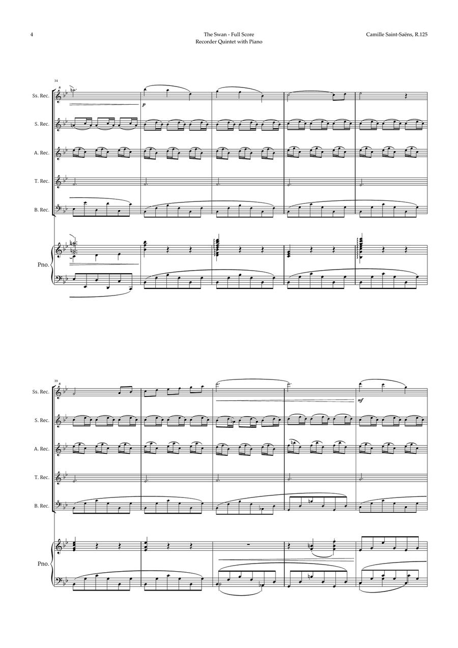 The Swan by Saint-Saëns for Recorder Quintet and Piano Recorder scores gallery preview page 4