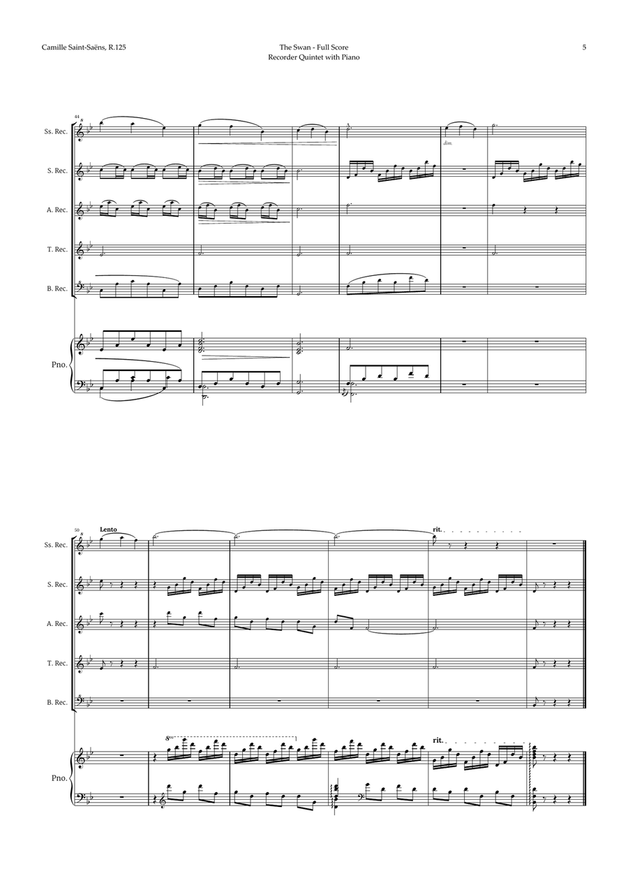 The Swan by Saint-Saëns for Recorder Quintet and Piano Recorder scores gallery preview page 5