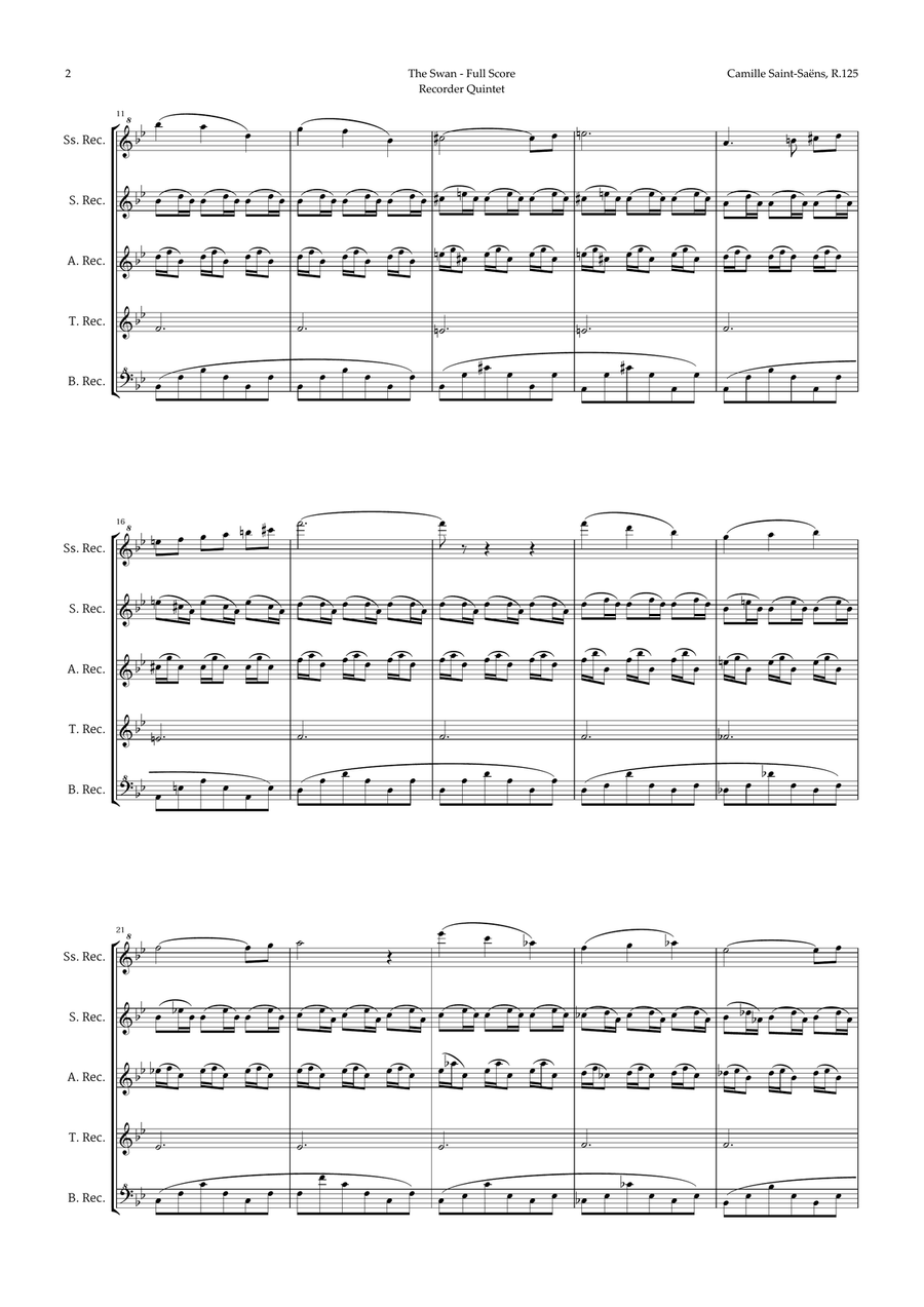 The Swan by Saint-Saëns for Recorder Quintet Recorder scores gallery preview page 2