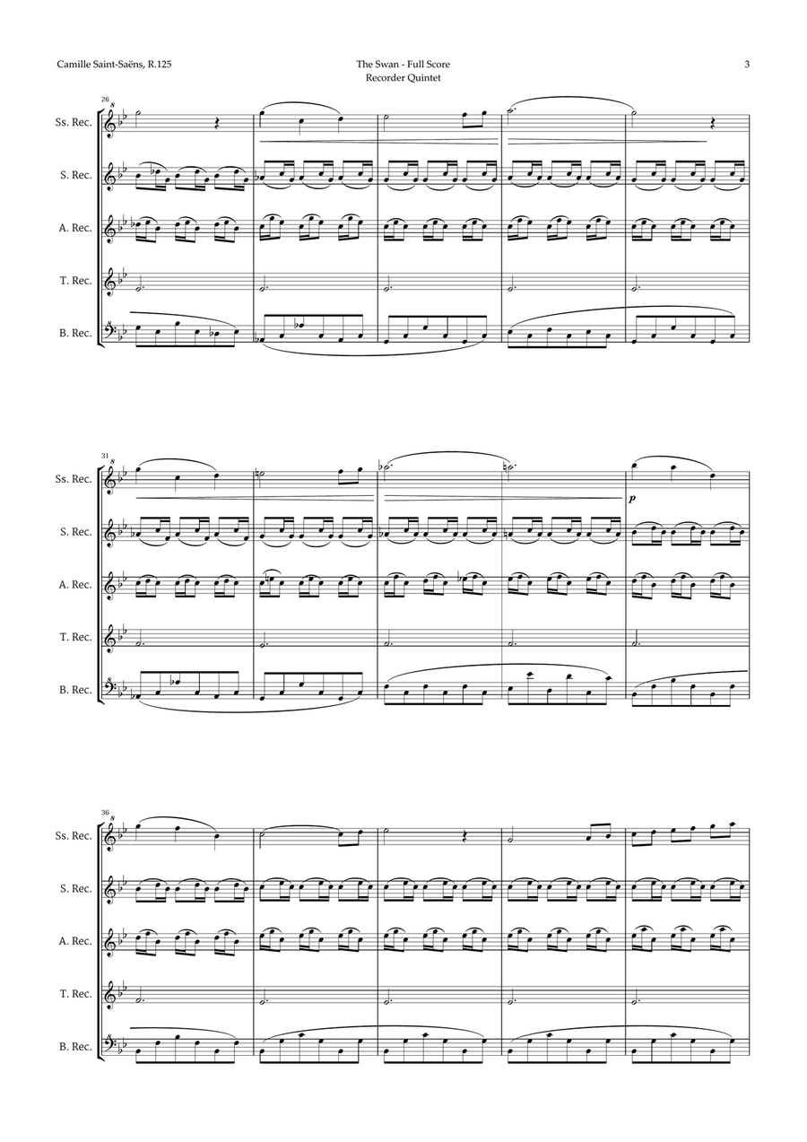 The Swan by Saint-Saëns for Recorder Quintet Recorder scores gallery preview page 3