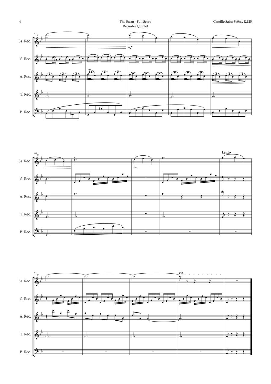 The Swan by Saint-Saëns for Recorder Quintet Recorder scores gallery preview page 4