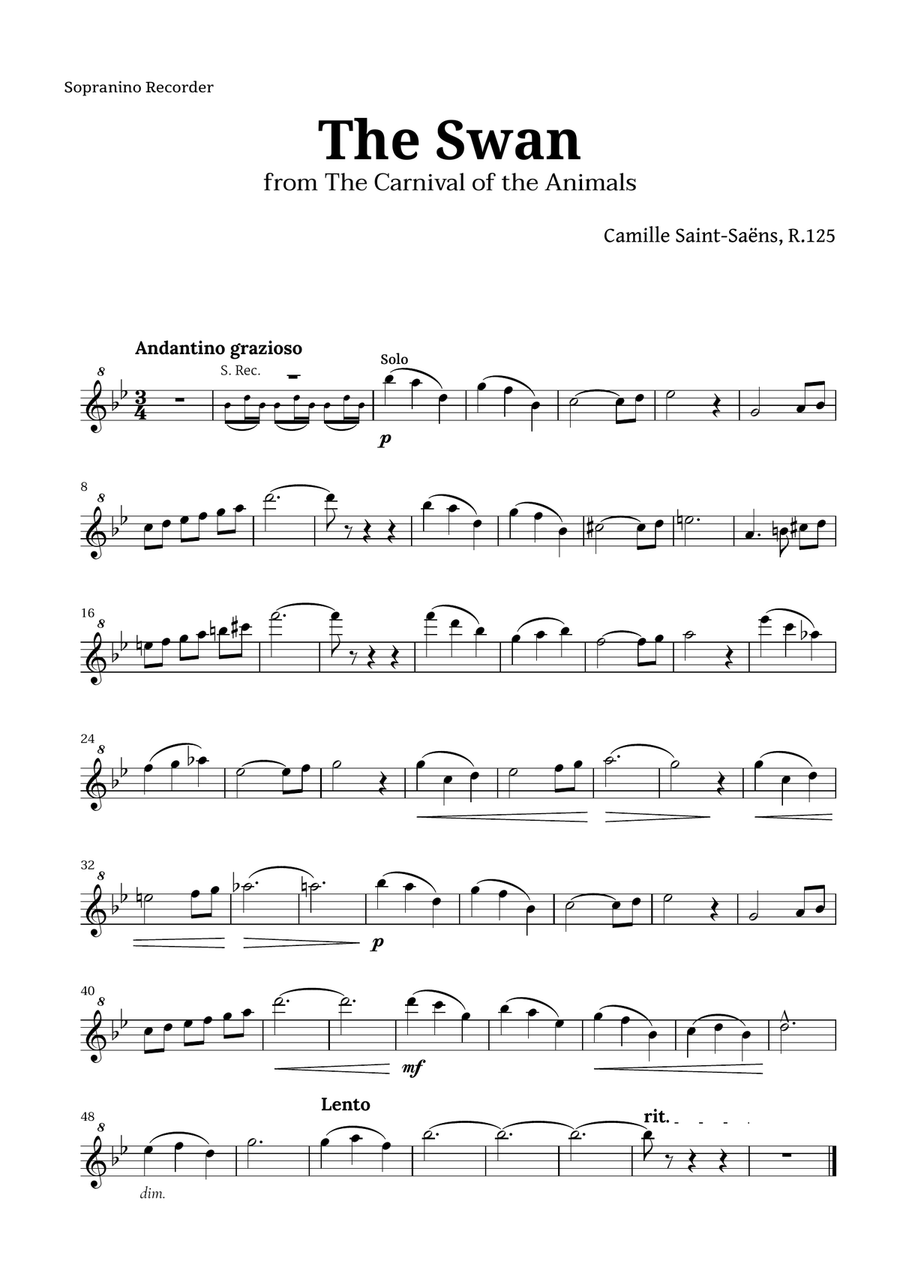 The Swan by Saint-Saëns for Recorder Quintet Recorder scores gallery preview page 5