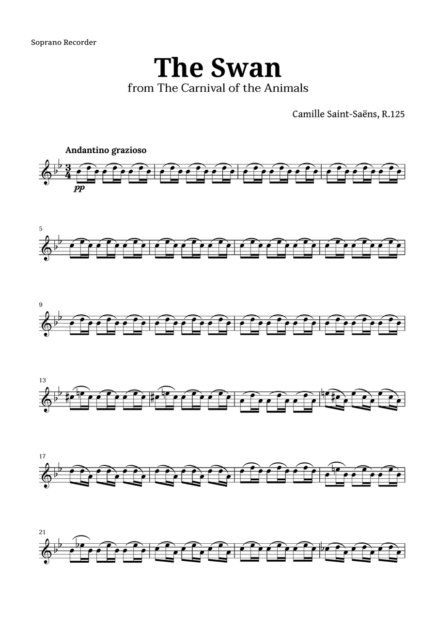The Swan by Saint-Saëns for Recorder Quintet Recorder scores gallery preview page 6