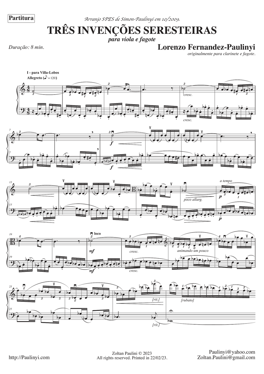 Lorenzo Fernandez: 3 Brazilian Inventions for viola and bassoon (or violoncello). Ed. Paulinyi Bassoon scores gallery preview page 2