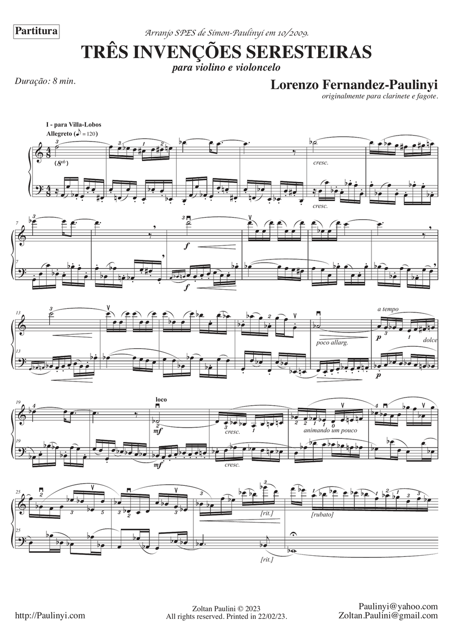 Lorenzo Fernandez: 3 Brazilian Inventions for violin and violoncello (or bassoon). Ed. Paulinyi. Bassoon scores gallery preview page 2
