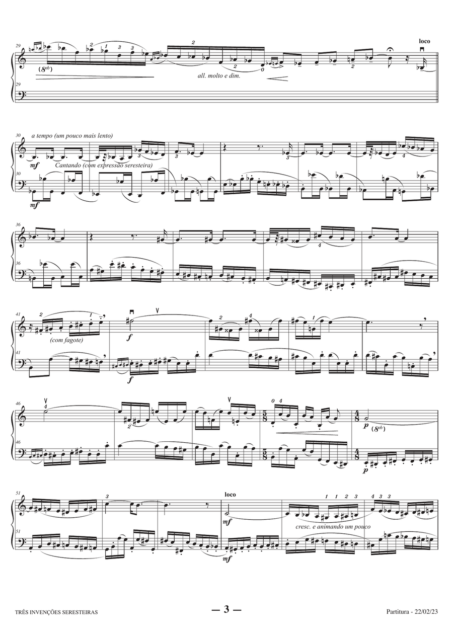 Lorenzo Fernandez: 3 Brazilian Inventions for violin and violoncello (or bassoon). Ed. Paulinyi. Bassoon scores gallery preview page 3