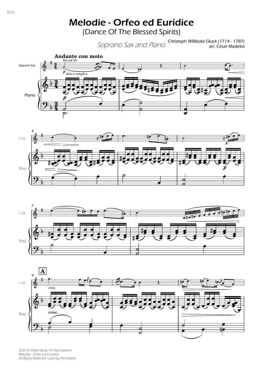 Melodie from Orfeo ed Euridice - Soprano Sax and Piano (Full Score and Parts) Soprano Saxophone scores gallery preview page 2