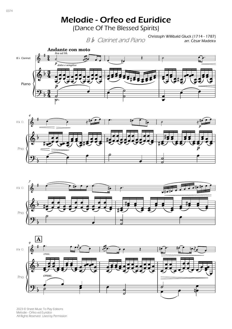 Melodie from Orfeo ed Euridice - Bb Clarinet and Piano (Full Score and Parts) B-Flat Clarinet scores gallery preview page 2