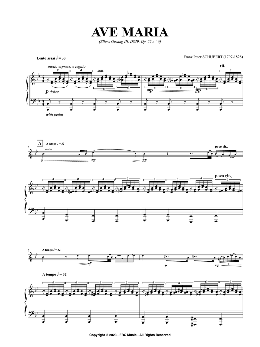 Schubert: Ave Maria (Ellens Gesang III, D839, Op. 52 n º 6) for Violin and Piano Violin Solo scores gallery preview page 3