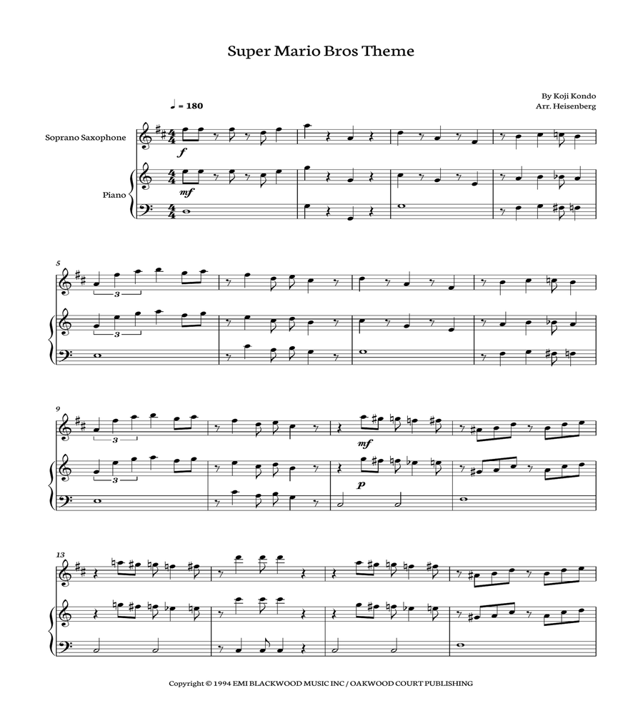 Super Mario Bros Theme Soprano Saxophone scores gallery preview page 1