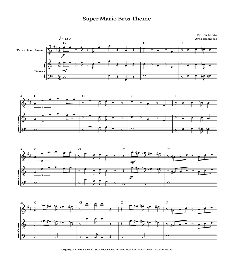 Super Mario Bros Theme Tenor Saxophone scores gallery preview page 1