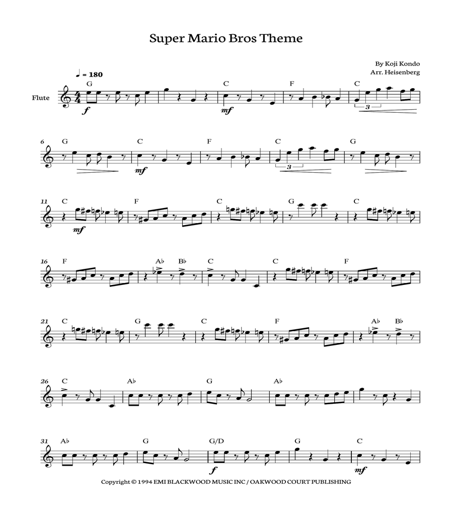Super Mario Bros Theme Flute Solo scores gallery preview page 1