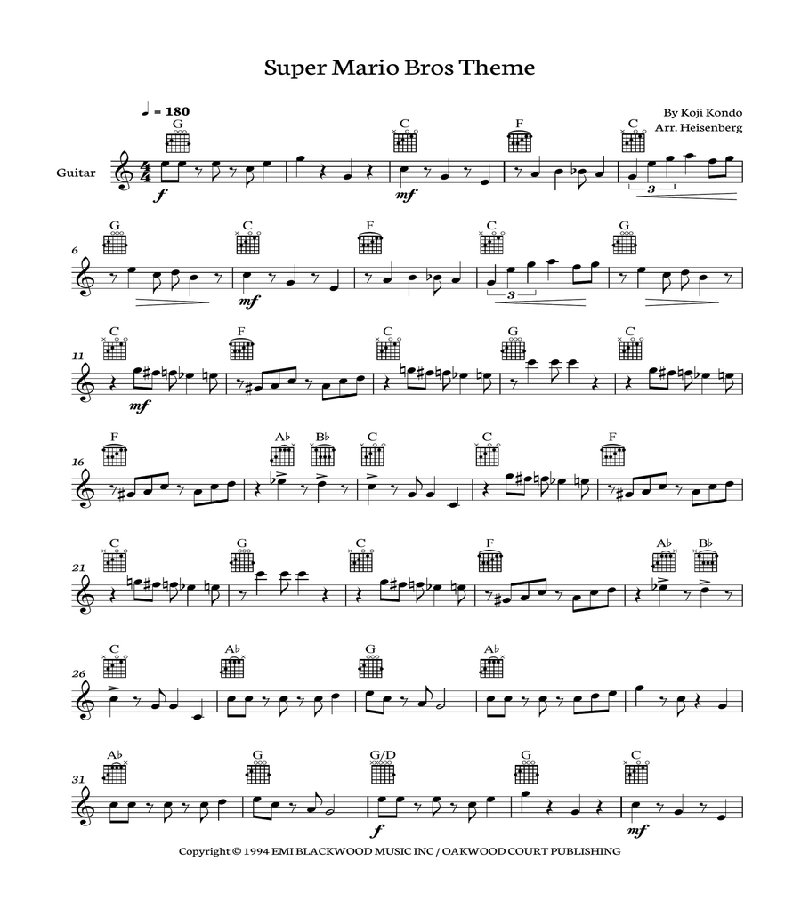 Super Mario Bros Theme Guitar Solo scores gallery preview page 1