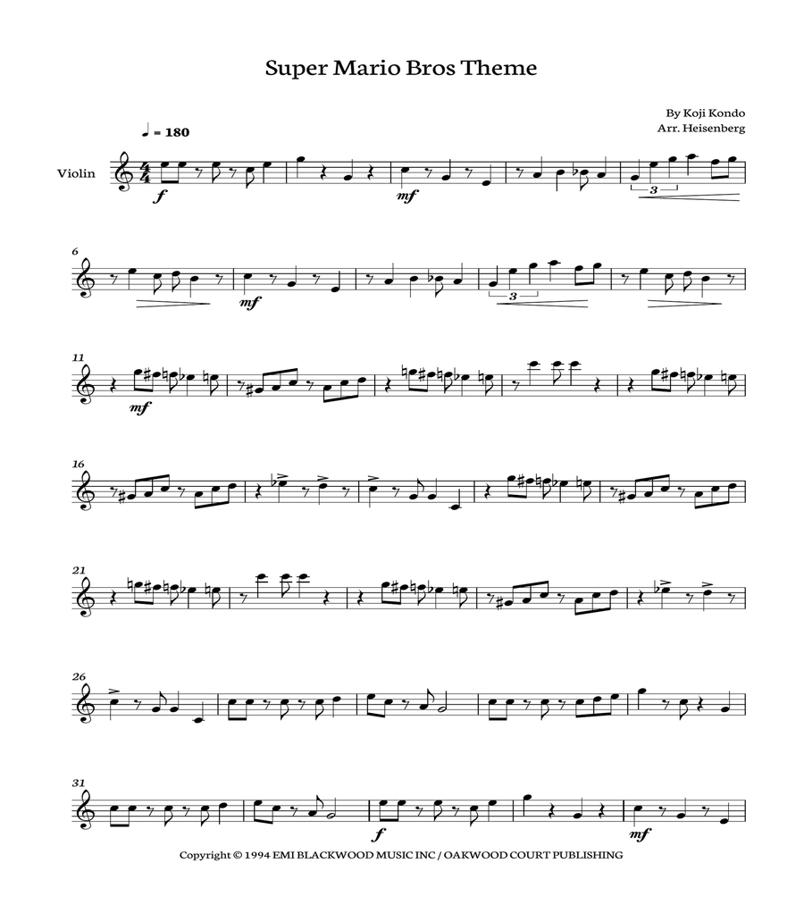 Super Mario Bros Theme Violin Solo scores gallery preview page 1