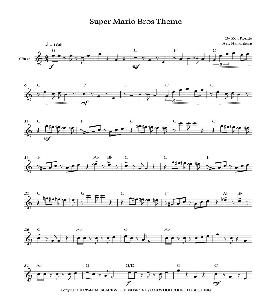 Super Mario Bros Theme Oboe Solo scores gallery preview page 1