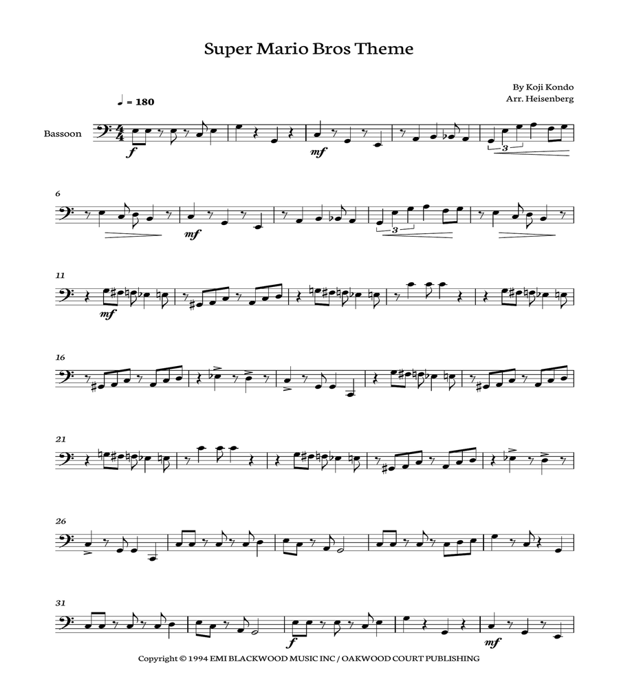 Super Mario Bros Theme Bassoon Solo scores gallery preview page 1