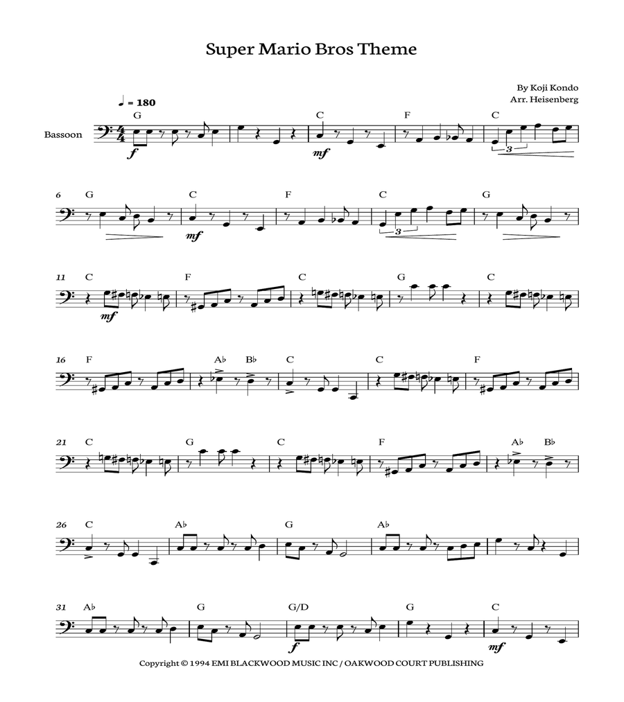 Super Mario Bros Theme Bassoon Solo scores gallery preview page 1