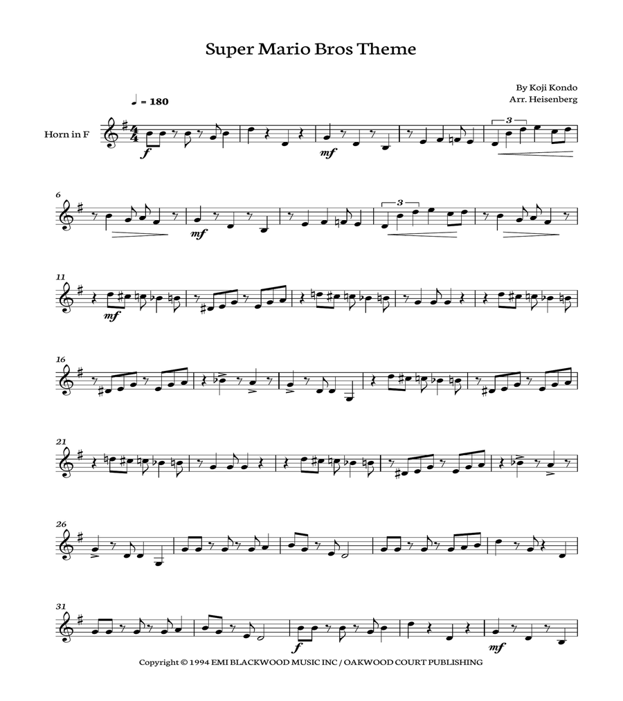 Super Mario Bros Theme Horn Solo scores gallery preview page 1