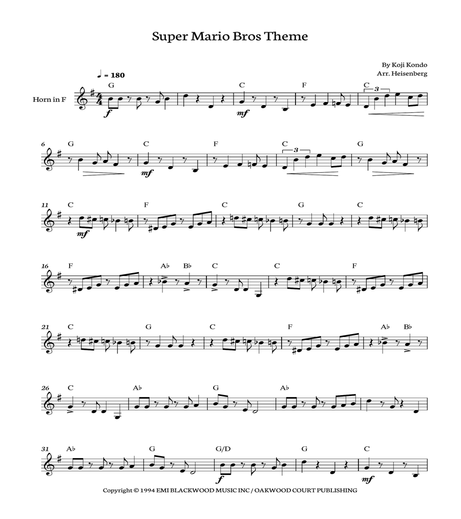 Super Mario Bros Theme Horn Solo scores gallery preview page 1