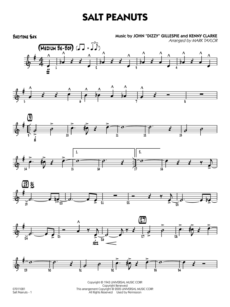 Salt Peanuts (arr. Mark Taylor) - Baritone Sax Jazz Ensemble scores gallery preview page 1