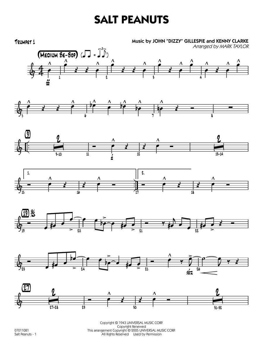 Salt Peanuts (arr. Mark Taylor) - Trumpet 1 Jazz Ensemble scores gallery preview page 1