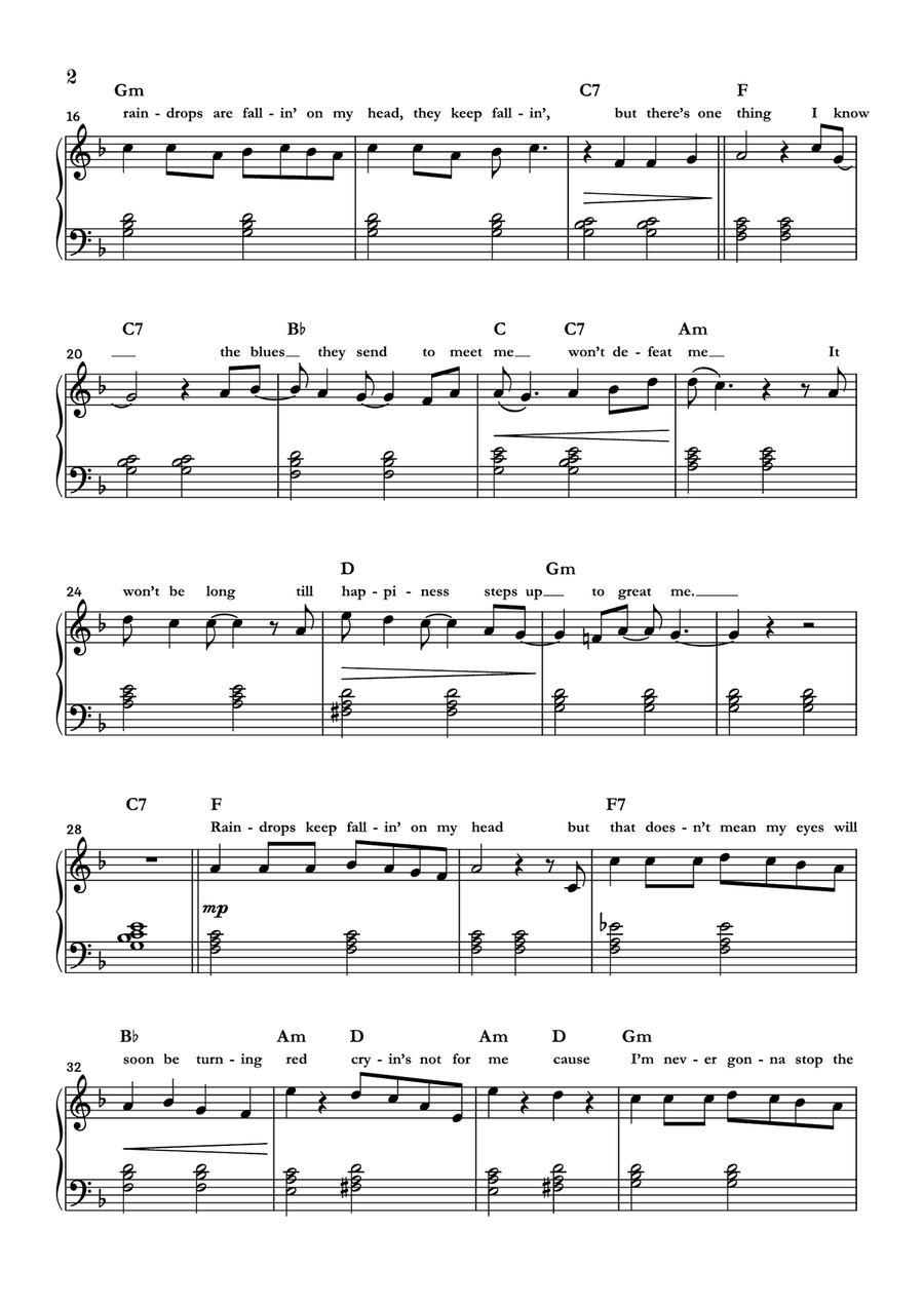 Raindrops Keep Fallin' On My Head Easy Piano scores gallery preview page 2