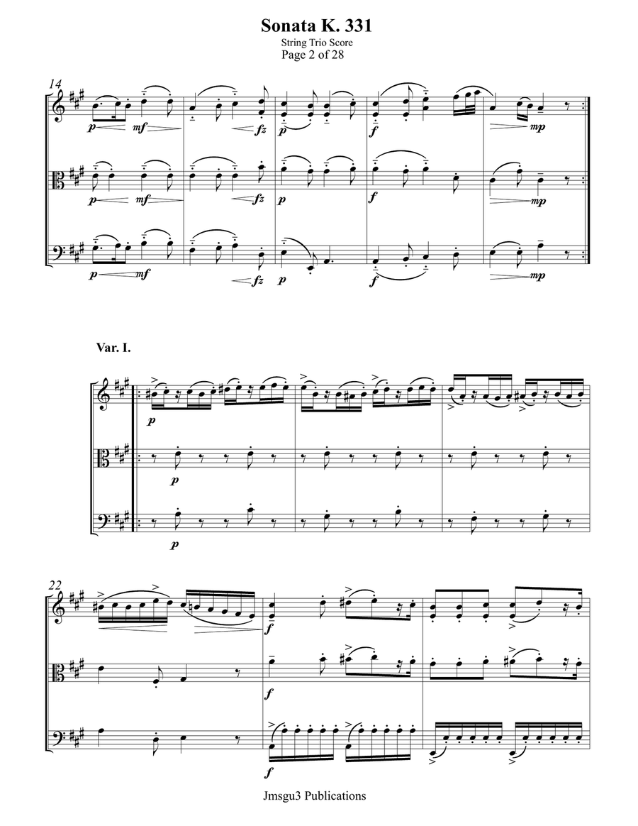 Mozart: Sonata K. 331 “Alla Turca” for String Trio String Trio scores gallery preview page 2