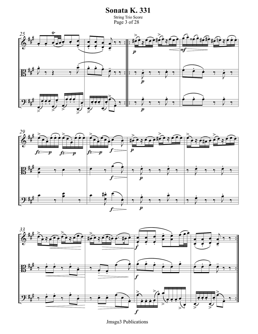 Mozart: Sonata K. 331 “Alla Turca” for String Trio String Trio scores gallery preview page 3