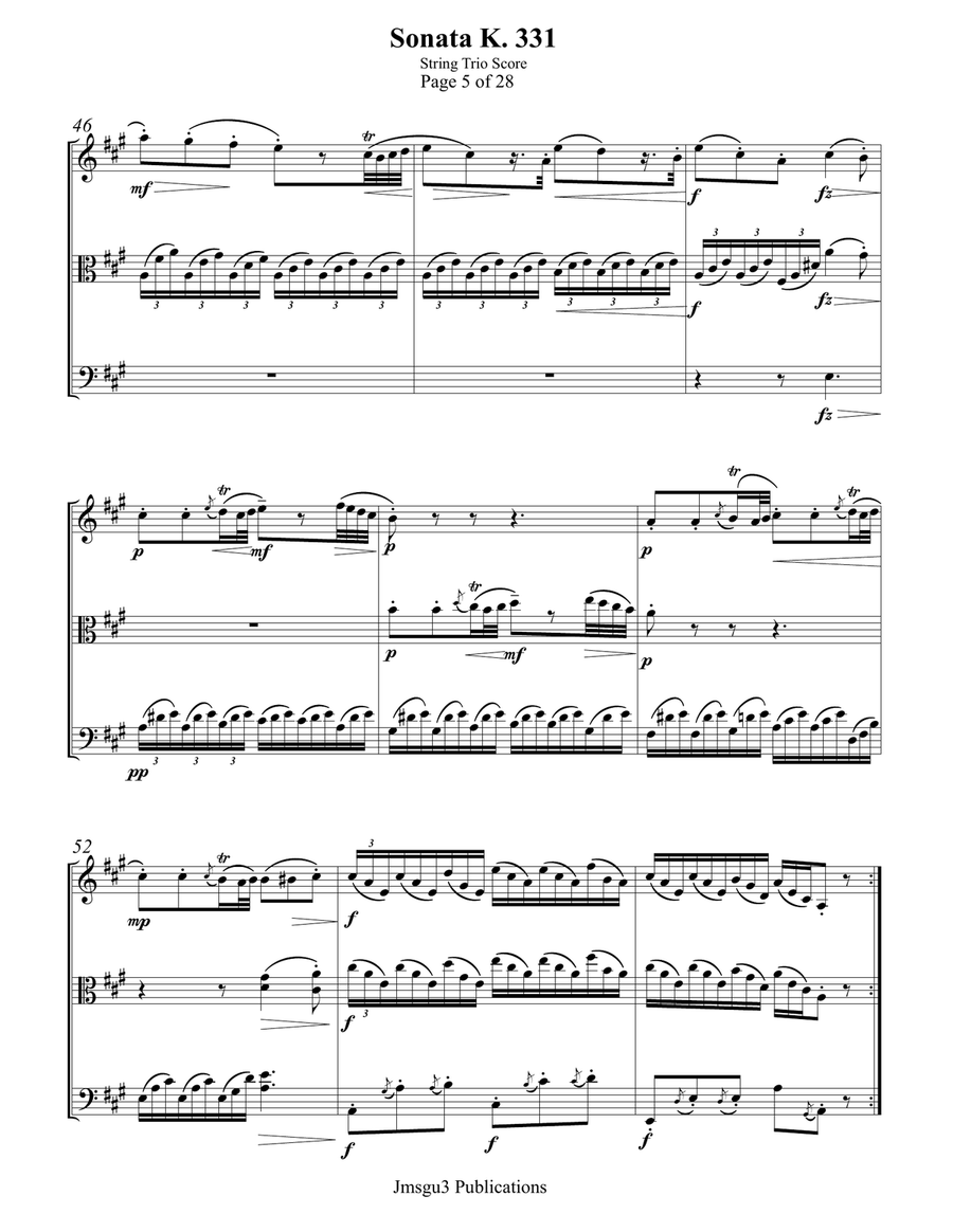 Mozart: Sonata K. 331 “Alla Turca” for String Trio String Trio scores gallery preview page 5