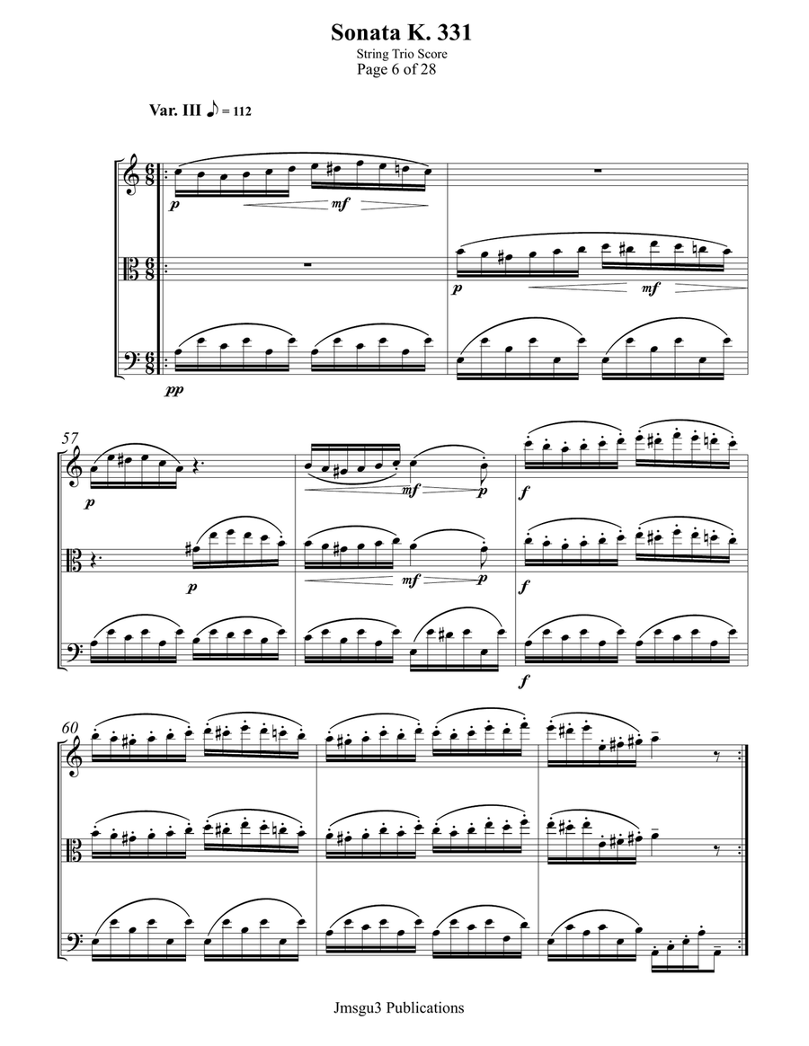Mozart: Sonata K. 331 “Alla Turca” for String Trio String Trio scores gallery preview page 6
