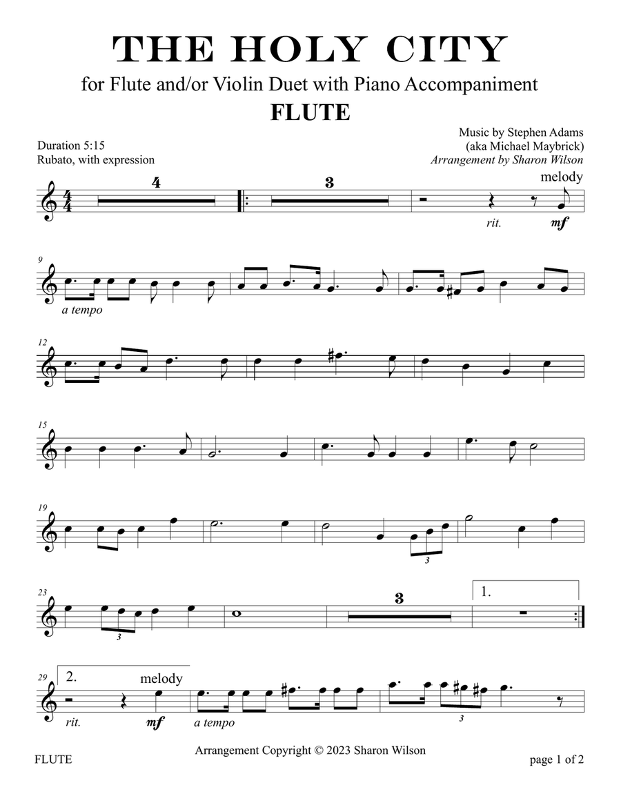 The Holy City (for Flute and/or Violin Duet with Piano Accompaniment) Flute scores gallery preview page 3