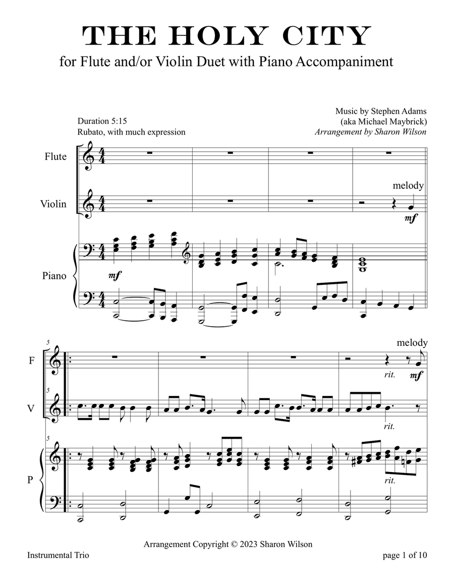 The Holy City (for Flute and/or Violin Duet with Piano Accompaniment) Flute scores gallery preview page 5