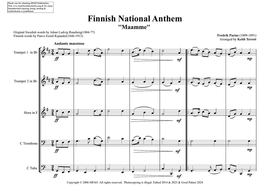 Finnish National Anthem for Brass Quintet Brass Quintet scores gallery preview page 2
