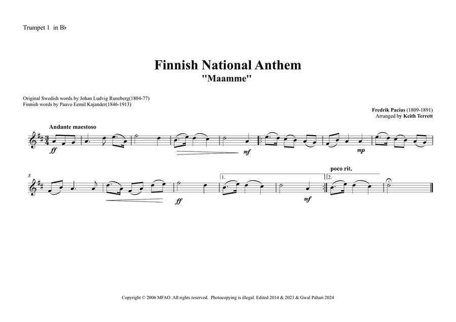 Finnish National Anthem for Brass Quintet Brass Quintet scores gallery preview page 4