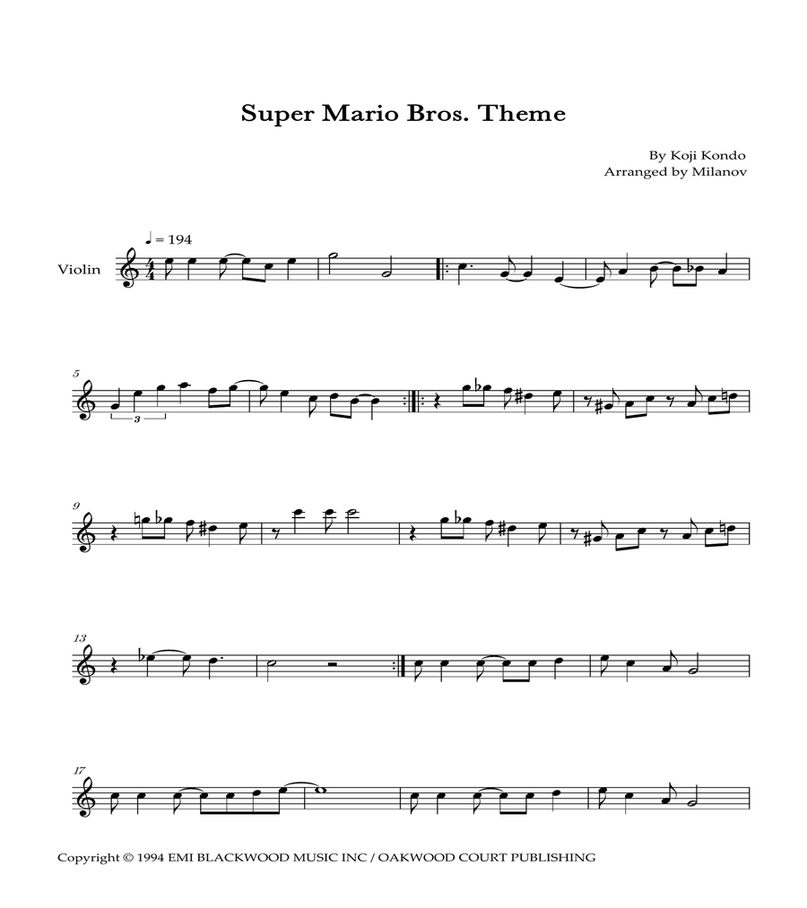 Super Mario Bros Theme Violin Solo scores gallery preview page 1