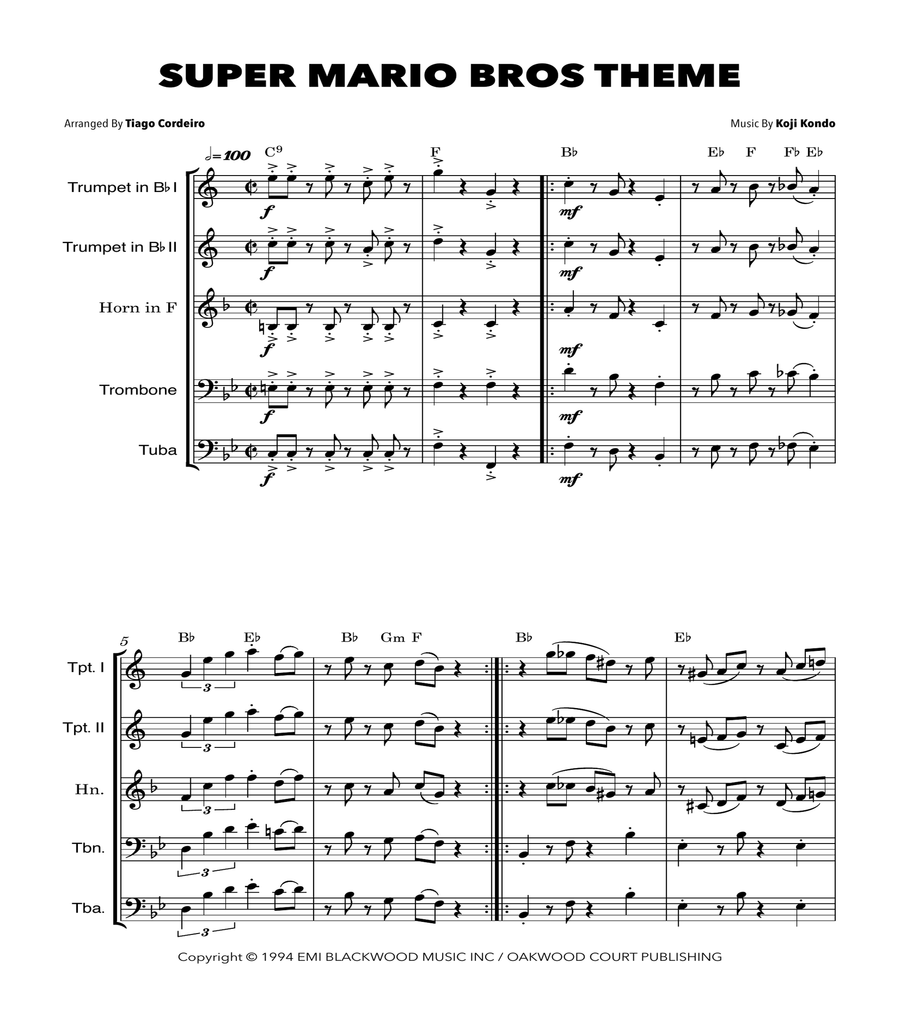 Super Mario Bros Theme Brass Quintet scores gallery preview page 1