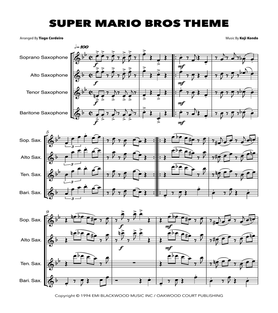 Super Mario Bros Theme Saxophone Quartet scores gallery preview page 1