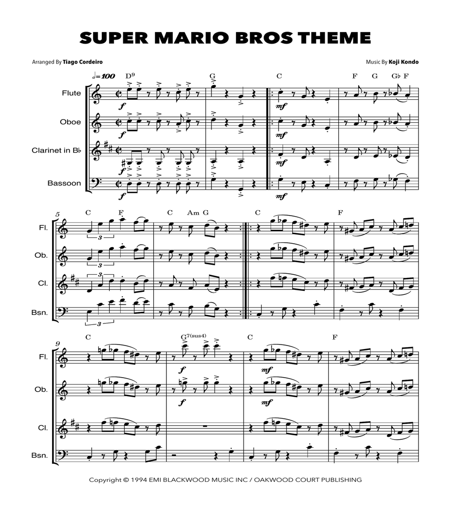Super Mario Bros Theme Woodwind Quartet scores gallery preview page 1