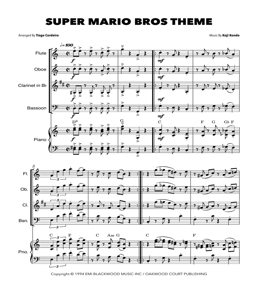 Super Mario Bros Theme Woodwind Quartet scores gallery preview page 1