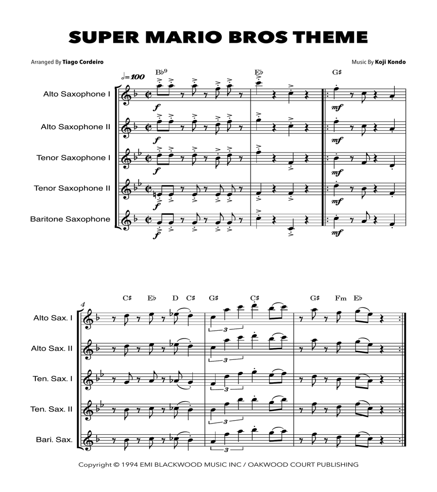 Super Mario Bros Theme Saxophone Quintet scores gallery preview page 1