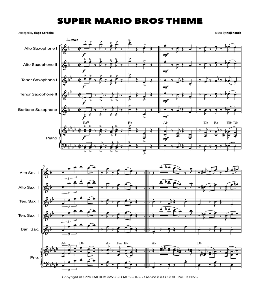 Super Mario Bros Theme Saxophone Quintet scores gallery preview page 1