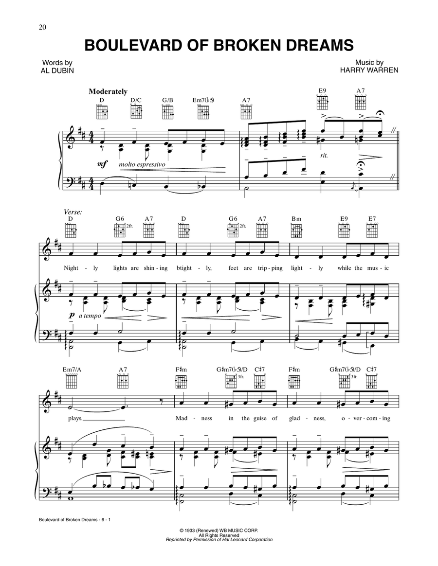 The Boulevard Of Broken Dreams Piano, Vocal, Guitar scores gallery preview page 1