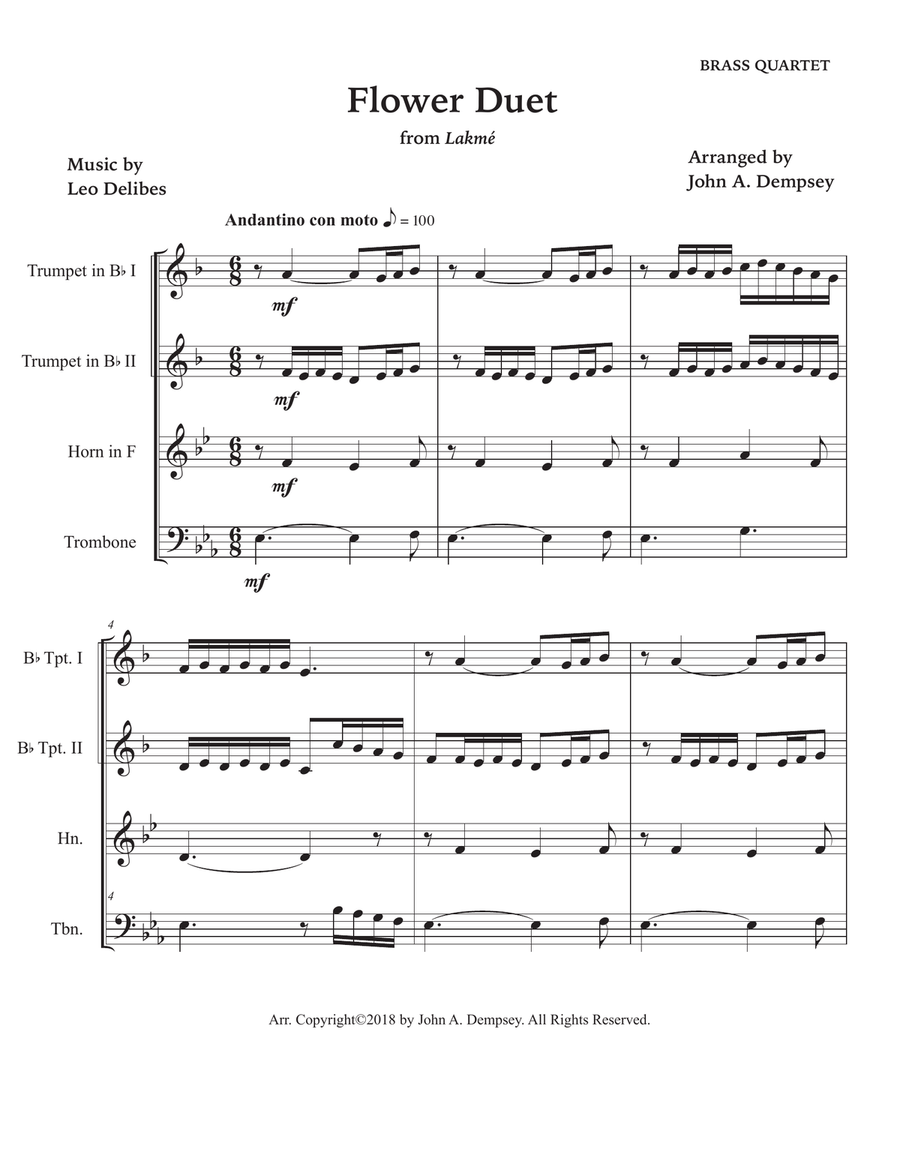 Flower Duet (Brass Quartet): Two Trumpets, Horn in F and Trombone Brass Quartet scores gallery preview page 5