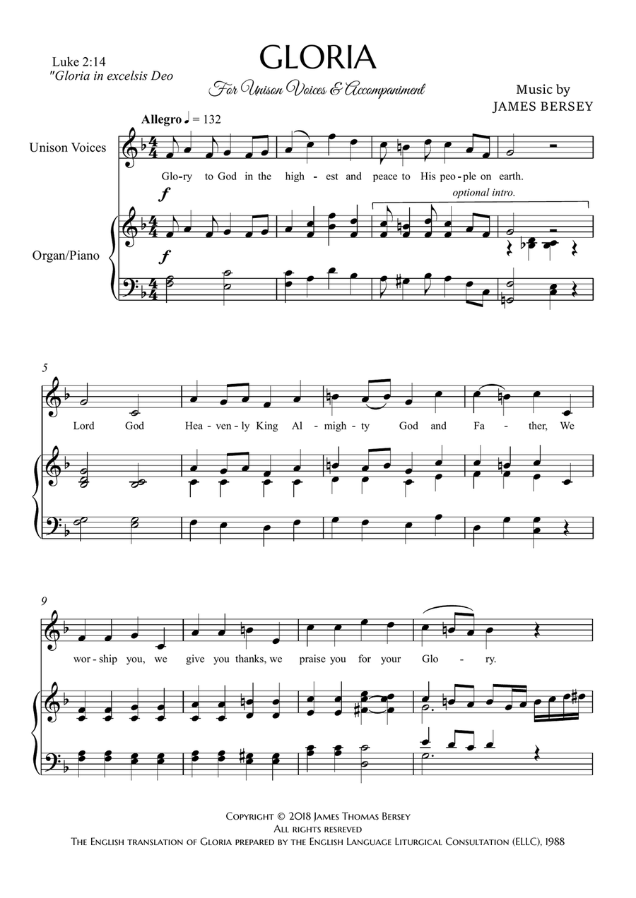 Gloria (in F) Unison Choir scores gallery preview page 2