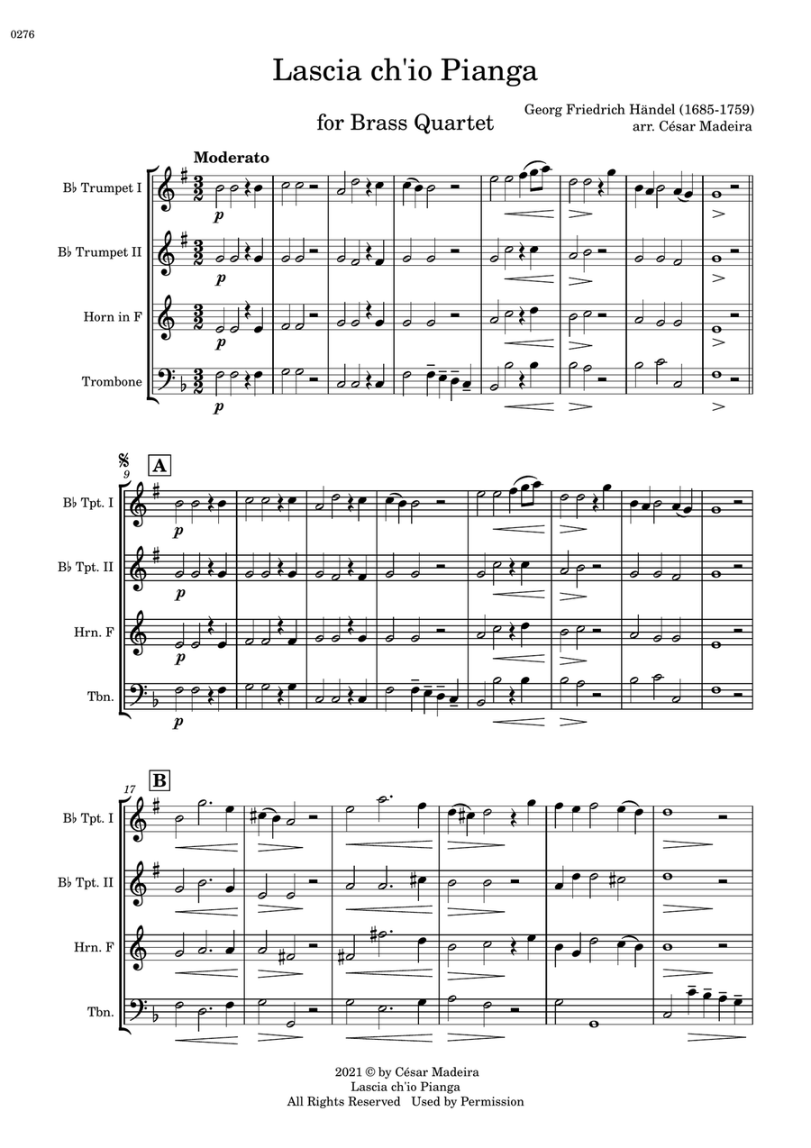 Lascia Ch'io Pianga - Brass Quartet (Full Score) - Score Only Brass Quartet scores gallery preview page 2